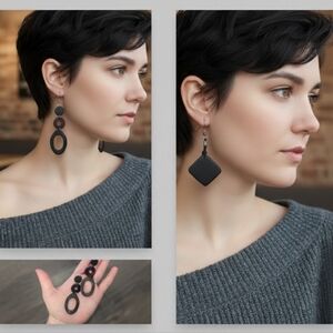 Handmade Wooden Dangle Earrings Set Of Two Brown Circle Oval Square Diamond Boho